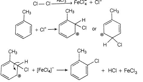 Toluene react with a halogen in the presence of iron (III) chloride ...