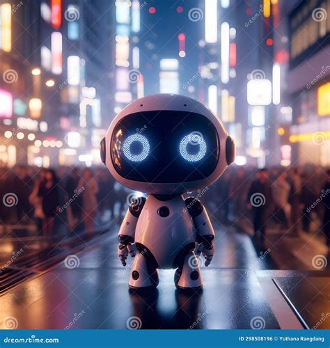 Robot on the Road in the City at Night. 3d Rendering Stock Illustration ...
