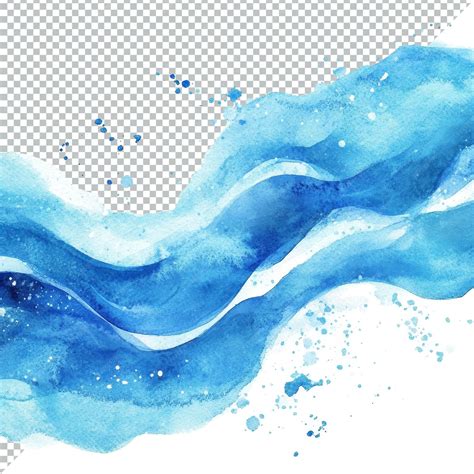 Elegant blue watercolor wave with splashes on a transparent background ...