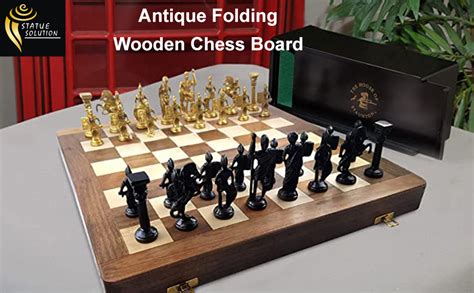 STATUESOLUTION Folding Wooden Chess Board with Brass Roman Figures