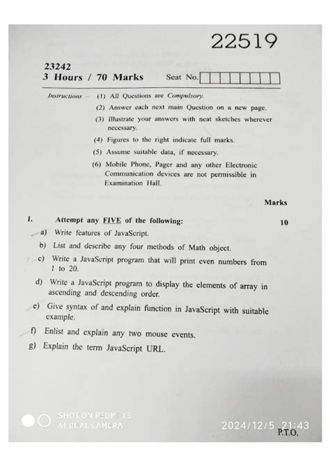 CSS 22519 Summer 24 Question Paper - 22519 23242 3 Hours 70 Marks Seat ...