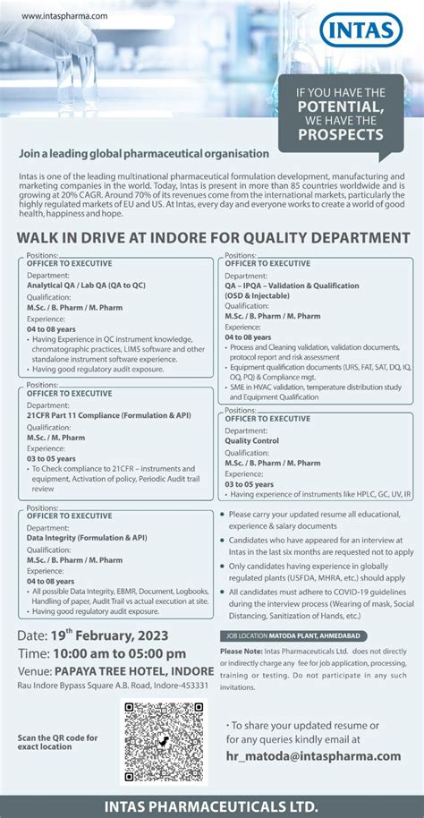 Intas: Walk in for QC at Indore on 19 th Feb 23