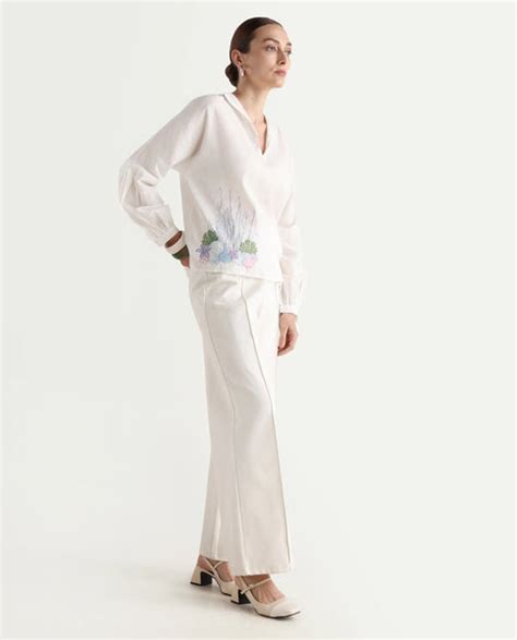 Rareism Women's Present White Cotton Blend Lapel Neck Plain Balloon Sl