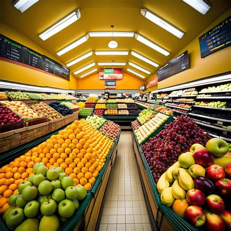 Fresh fruit stand in a busy supermarket aisle | Premium AI-generated image