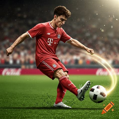 Photorealistic image of a soccer player in a red uniform kicking a ball ...