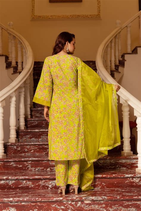 SUNHARI PASTEL GREEN HAND BLOCK PRINT KURTA SET WITH ORGANZA DUPATTA ...