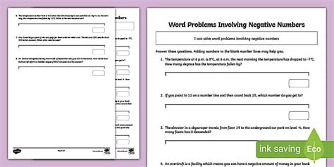 Word Problems Involving Negative Numbers (teacher made)