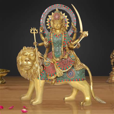 Brass Durga Maa with Lion Idol Hindu Goddess Sherawali MATA Murti MATA ...