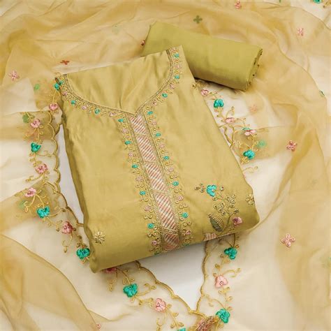 Mustard Floral Sequins Embroidered Cotton Silk Dress Material