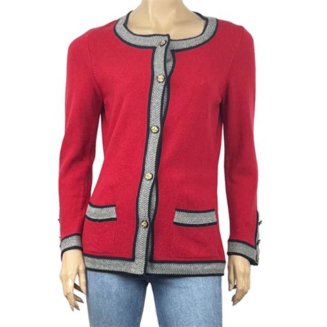 Chanel Red Cashmere Cardgian w/ Grey Trim-36 For Sale at 1stDibs