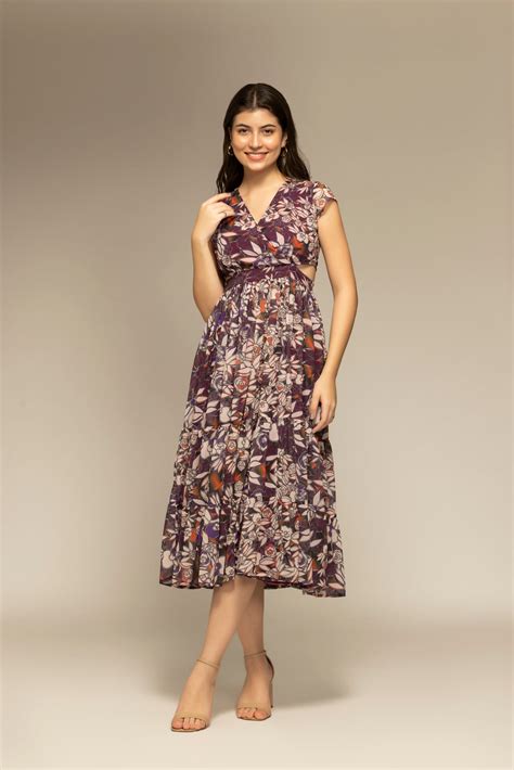 Purple Floral Printed Cut-Out Maxi Dress | OCTICS – Octics