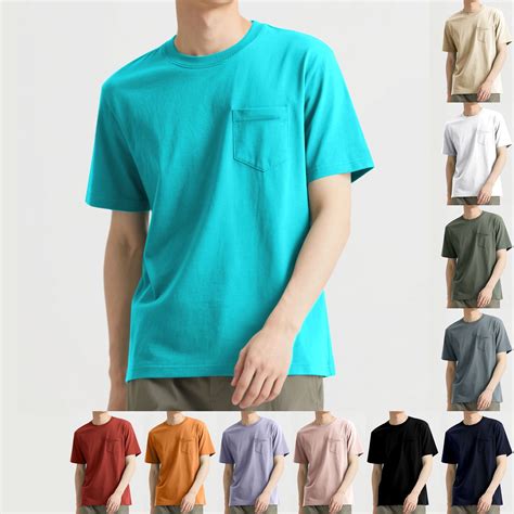 DDAPJ pyju Mens Cotton T-shirts Solid Color Short Sleeve Pocket Tee ...