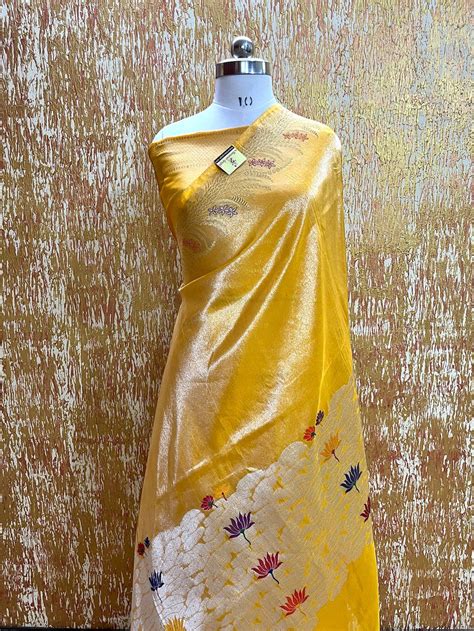 Gold Pure Tissue Handloom Silk with Meenakari Kadhua Motifs - Banarasi ...