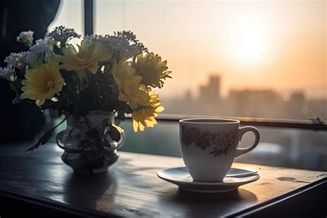Coffee cup and bouquet of flowers on the table with sunset. A cup of ...