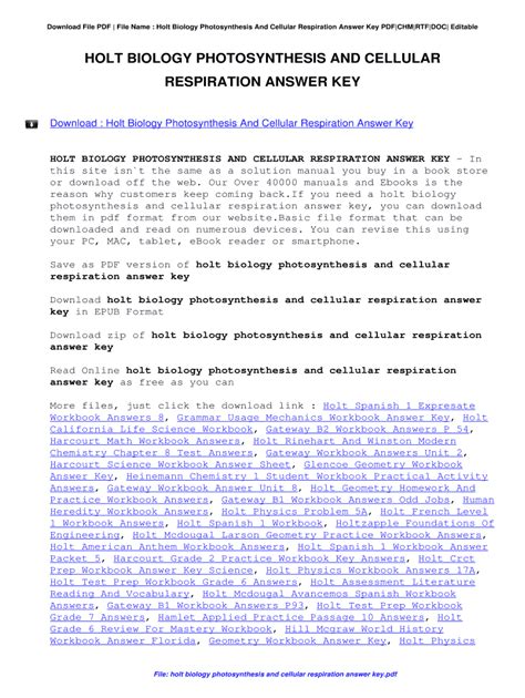Fillable Online Holt Biology Photosynthesis And Cellular Respiration ...