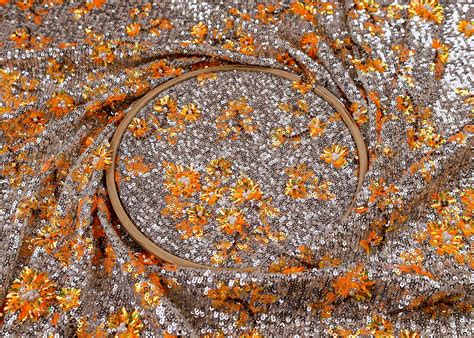 (Pre-Cut 1.4 MTR) Silver Lycra Net Fabric With All Over Seuins Work 17