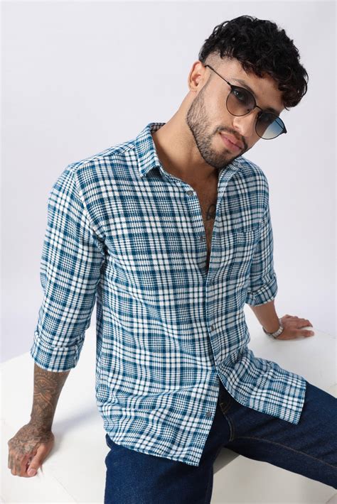 Buy Teal Twill Check Regular Fit Cotton Shirt for Men | Uri – Kashyap ...