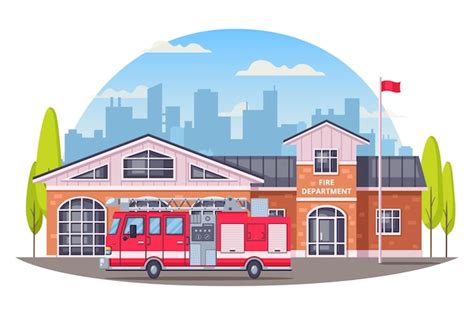 Brandweerlieden cartoon samenstelling met ronde stadsgezicht silhouet ...