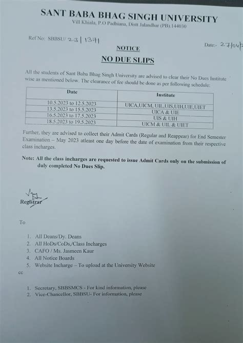 Notice Board Sant Baba Bhag Singh University