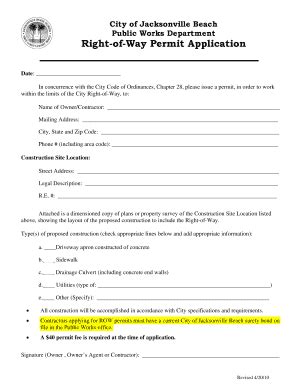 Fillable Online jacksonvillebeach Right-of-Way Permit Application ...
