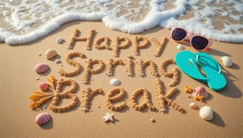 Happy Spring Break Beach Sand Writing with Ocean Waves and Flip Flops ...