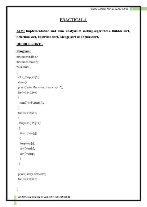 Sorting Algorithm Implementation and Analysis - ADA Pract - Studocu