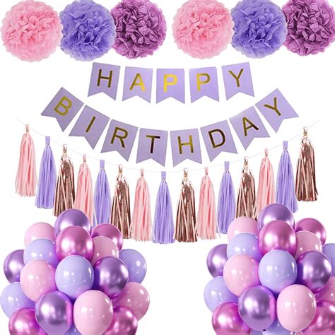 Paarse roze verjaardagsfeestdecoratieset met Happy Birthday-banner ...