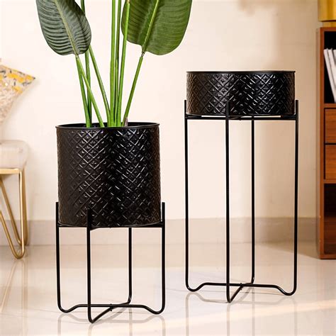 Modern Metal Floor Planter With Stand Black Set Of 2 Online - Premium ...