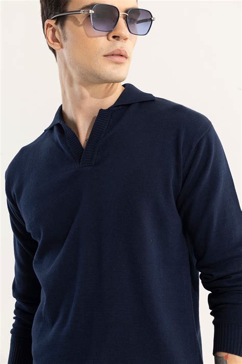 Buy Men's EliteEdge Navy Full Sleeve Polo Online | SNITCH