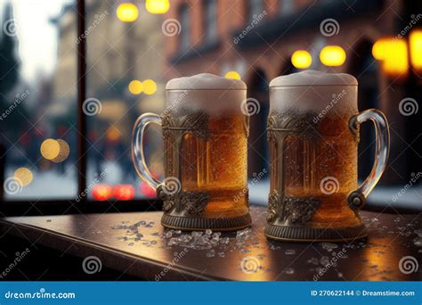 Cheers To Cold Beers: Two Frosty Mugs on the Bar. Generative Ai Stock ...