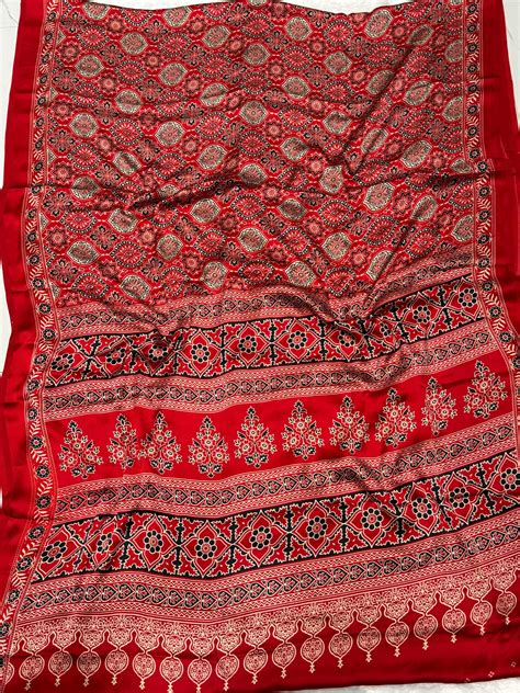 Red Ajrakh Printed Soft Modal Silk Natural Print Saree – Maharanisaree
