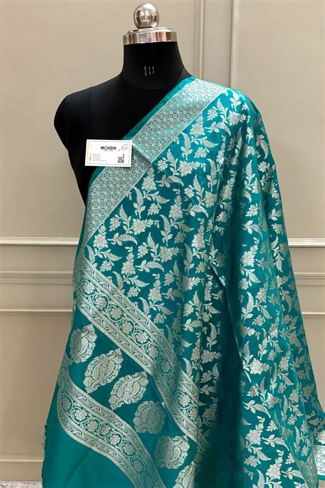 Teal Golden Zari Katan Silk Banarasi Dupatta – Mohsin Textiles
