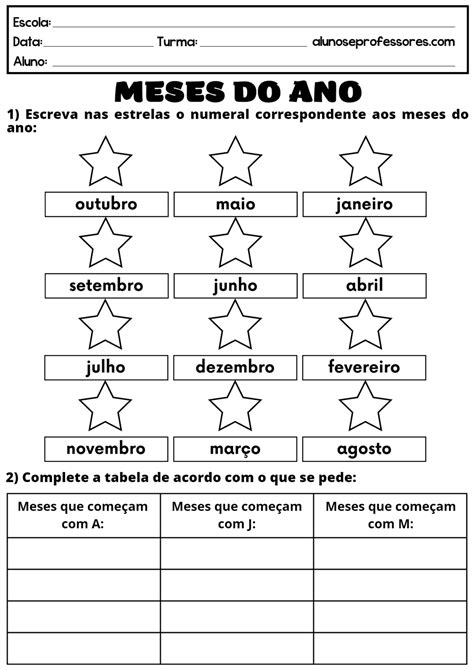Atividades sobre os Meses do Ano para imprimir | Alunos e Professores