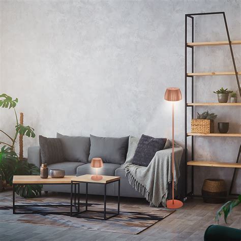 LED battery-powered floor lamp Brilo unplugged Riffle, copper-coloured ...