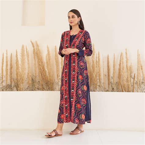 Buy Navy Blue Side Slit Dress with Long Shrug | Rustorange