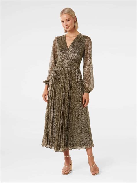 Buy Black/Gold Dylan Long Sleeve Plisse Midi Dress Online