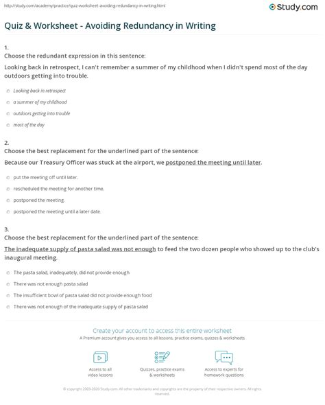 Quiz & Worksheet - Avoiding Redundancy in Writing | Study.com
