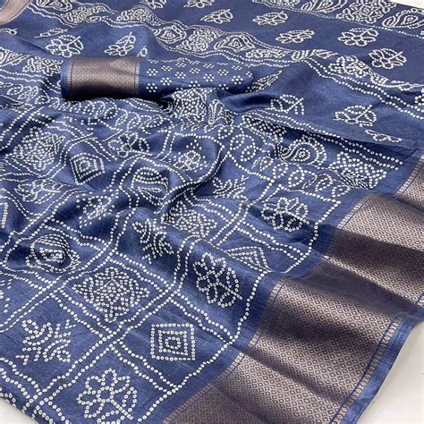 Dusky Blue Bandhani Printed Dola Silk Saree With Woven Border