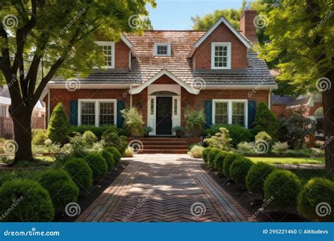 Dutch Colonial Home Showcasing Dormer Windows and Brick Pathway Stock ...
