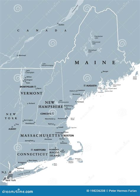 New England Region of the United States, Gray Political Map Stock ...