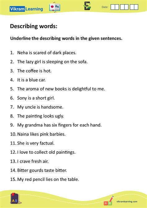 Descriptive Words Worksheet 的图像结果