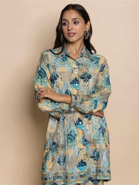 Blue Hand Embroidered Chikankari Poly Silk Kurta - House Of Kari ...