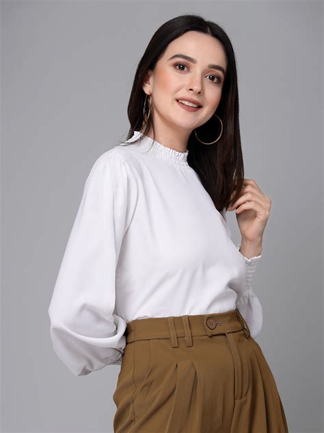 Style Quotient Women Solid White Polyester Semi Formal Smocked Top ...