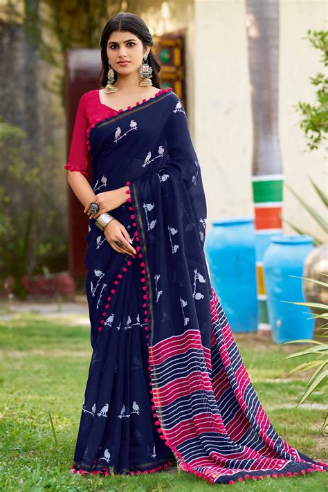 Contemporary Navy Blue Saree with Unique Abstract Patterns In Pure Cot