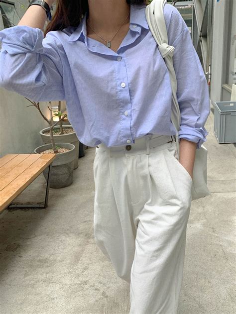 Pinstriped Button Through Blouse | Blue shirt women, Shirt outfit women ...