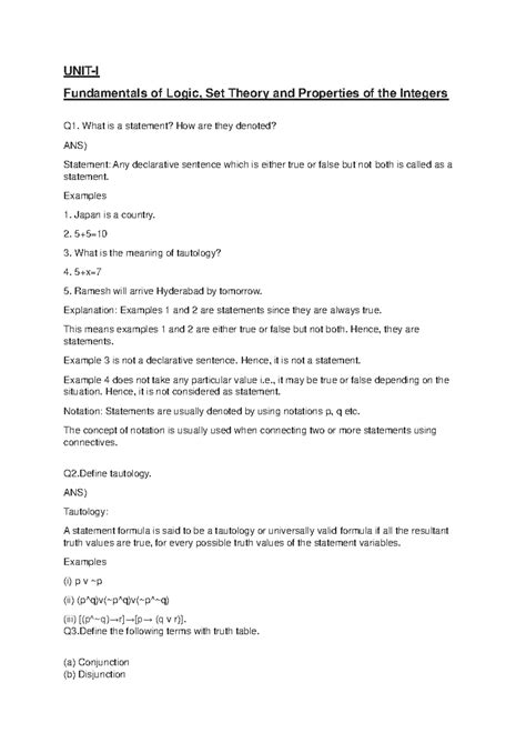 Mathematical Foundations: Logic, Set Theory, and Integers (Unit-I ...