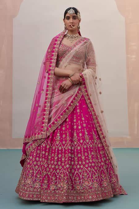 Buy Pink Silk, Net Embroidery, Sequins, Cut Work, Zari Bridal Lehenga ...