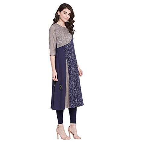 Buy Meesan Women's Blue-Grey Rayon Block Printed Kurti (3XL) at Amazon.in