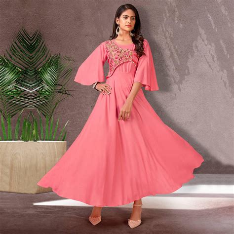 Pink Floral Embroidered Rayon Gown