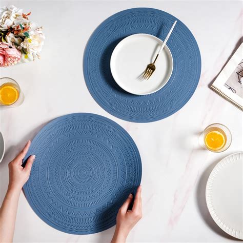 Blue Embossed Warli Design Round Table Mat Set Of 6 Online - Premium ...